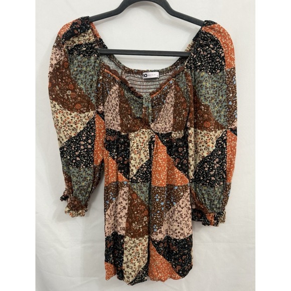 SO Tops - SO Patchwork Peasant Blouse Boho Floral Smocked Fall Festival Top Womens Size S